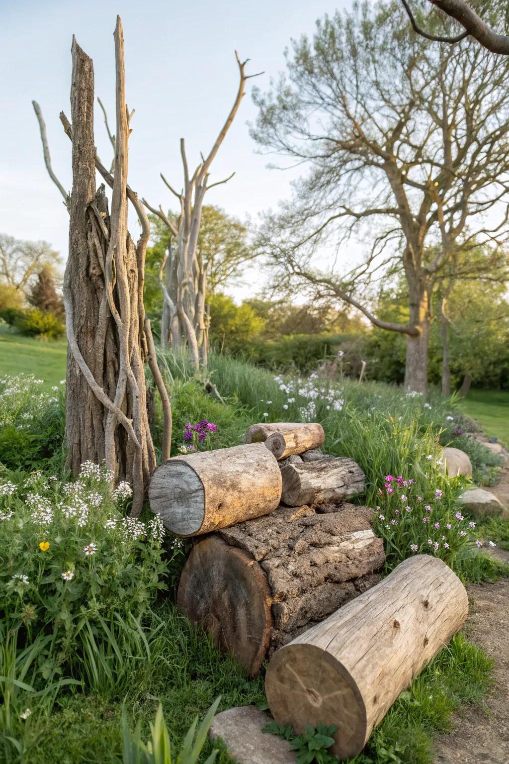 Wood elements enhance the garden's natural beauty.