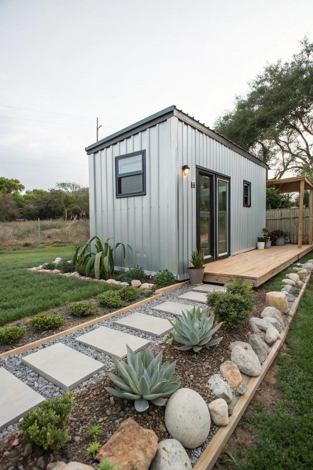 Metal panels offer a sleek, modern aesthetic for tiny homes.