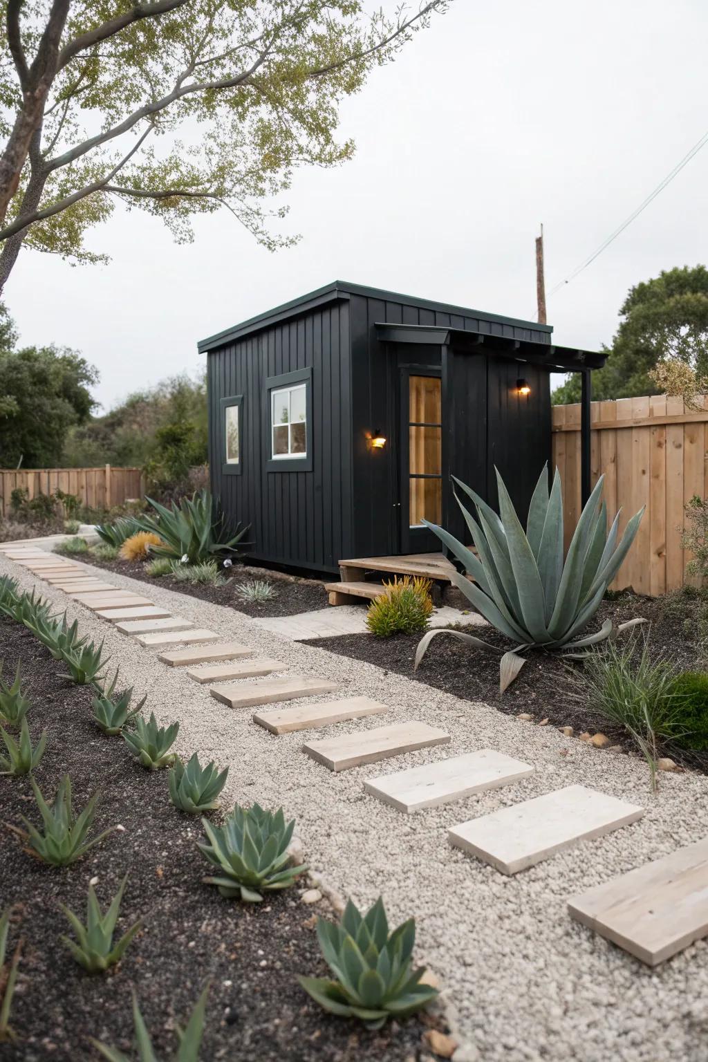 Bold black siding offers a modern and striking appearance for tiny homes.