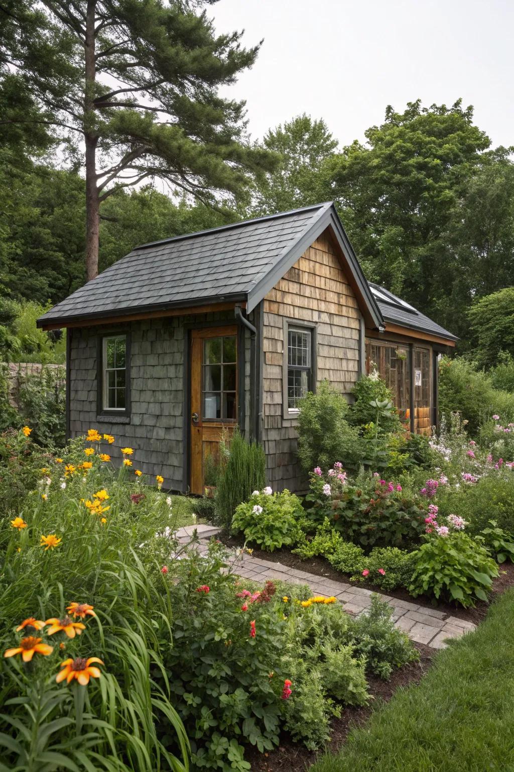 Slate tile siding adds texture and depth to tiny houses.