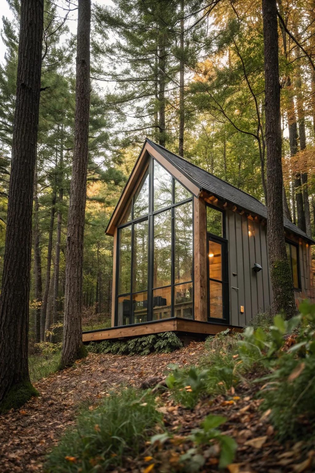 Reflective glass panels offer a sleek and sophisticated appearance for tiny homes.