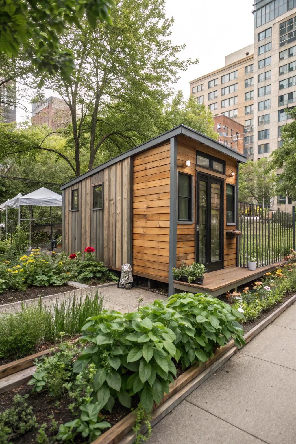A mix of textures adds visual interest to tiny house exteriors.