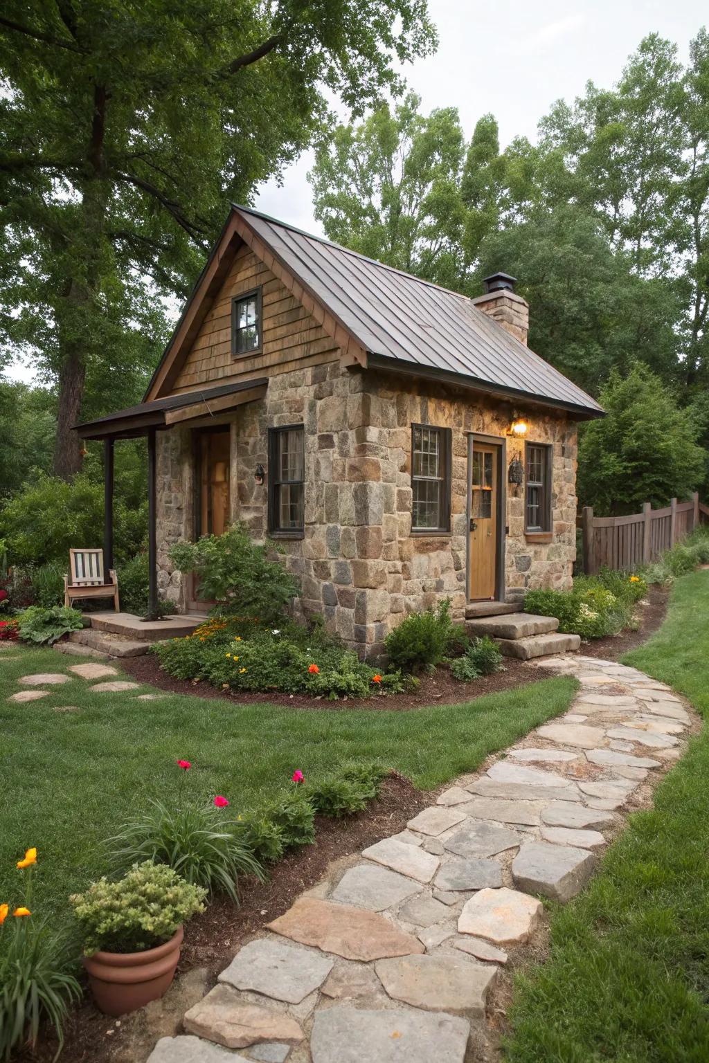 Stone veneers provide a classic and sturdy look for tiny homes.