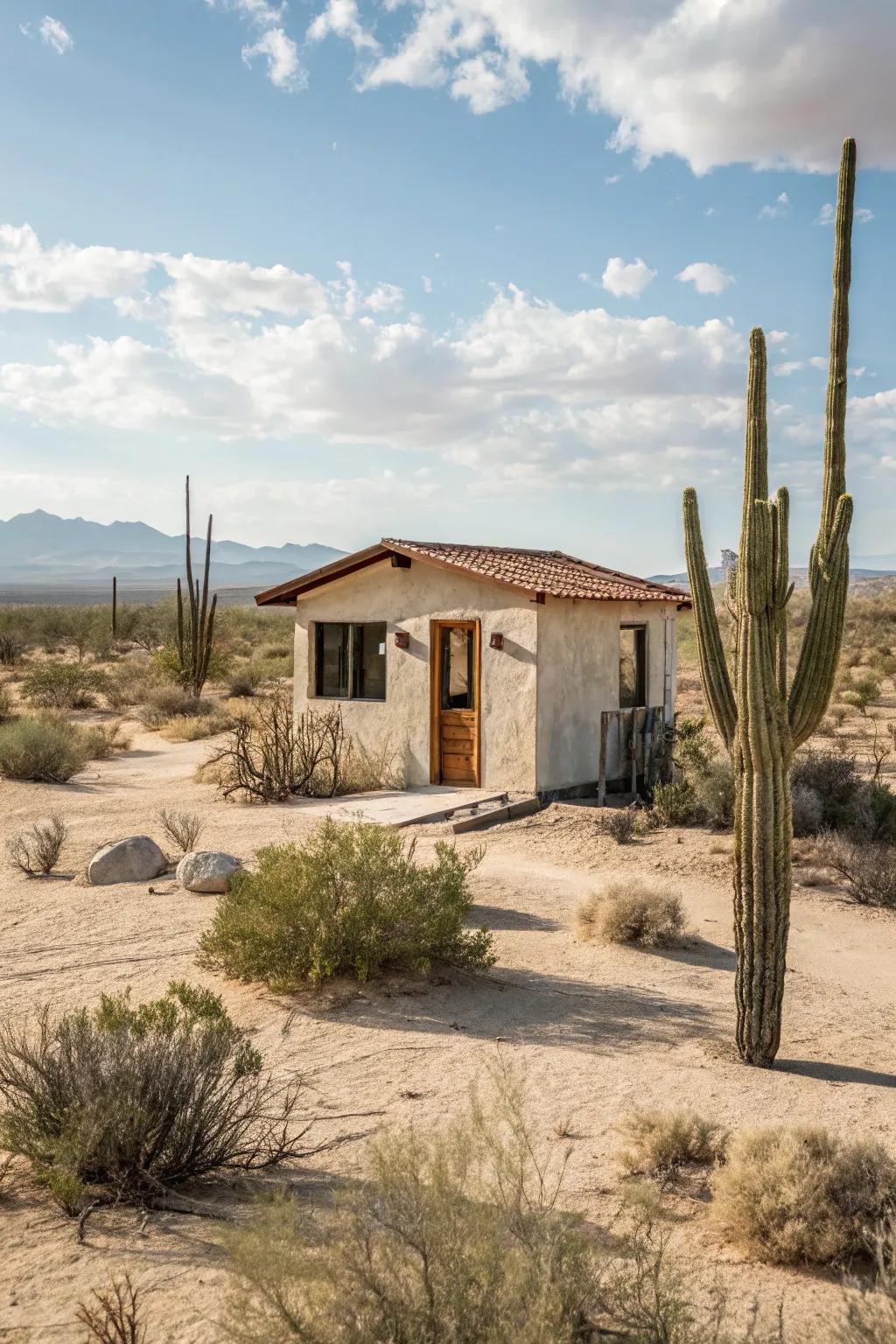 Stucco siding brings a Southwestern flair to tiny homes.
