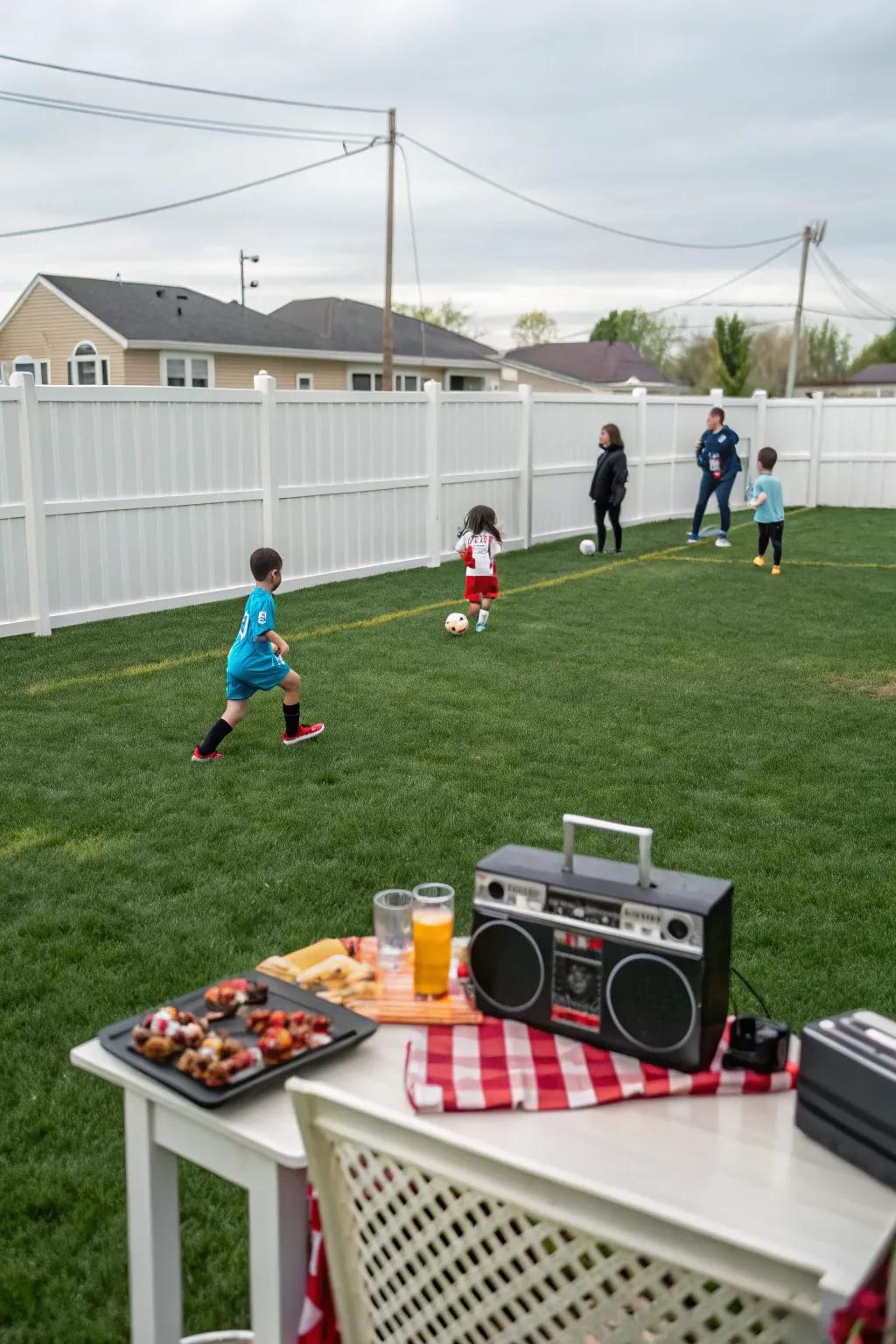 A sound system enhances your backyard soccer experience.