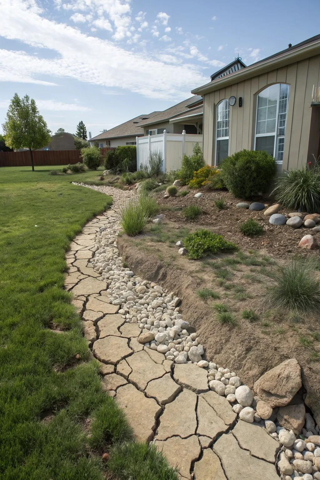 A dry river bed can make a stunning impression in the front yard.