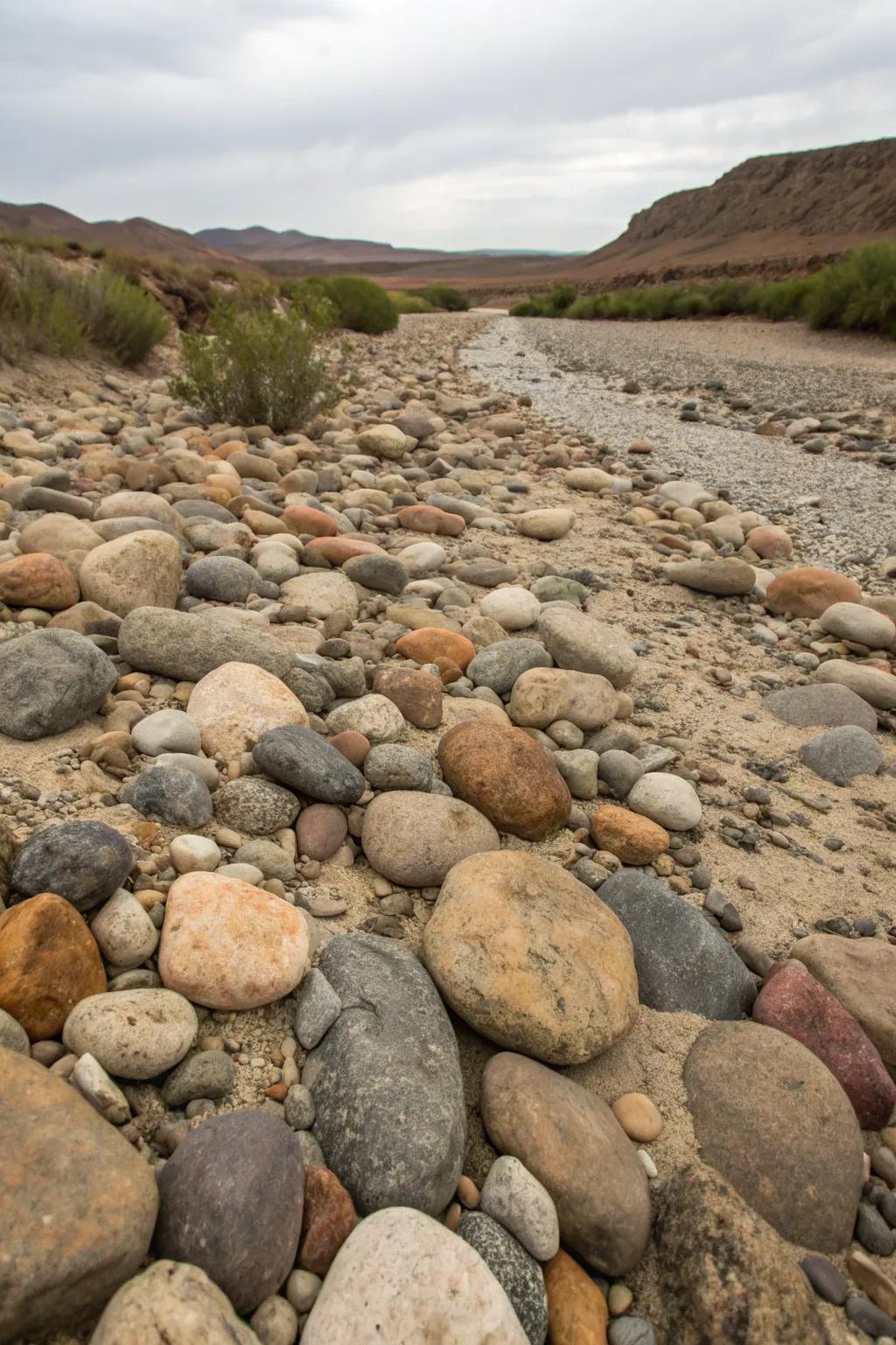 Mixing stone sizes enhances the visual appeal of a dry river bed.