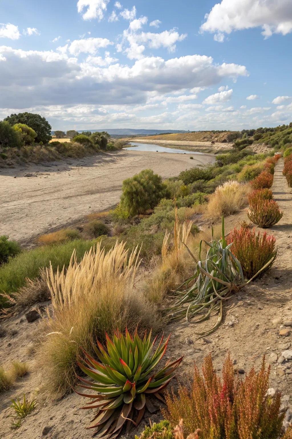 Drought-tolerant plants bring greenery to a dry river bed landscape.