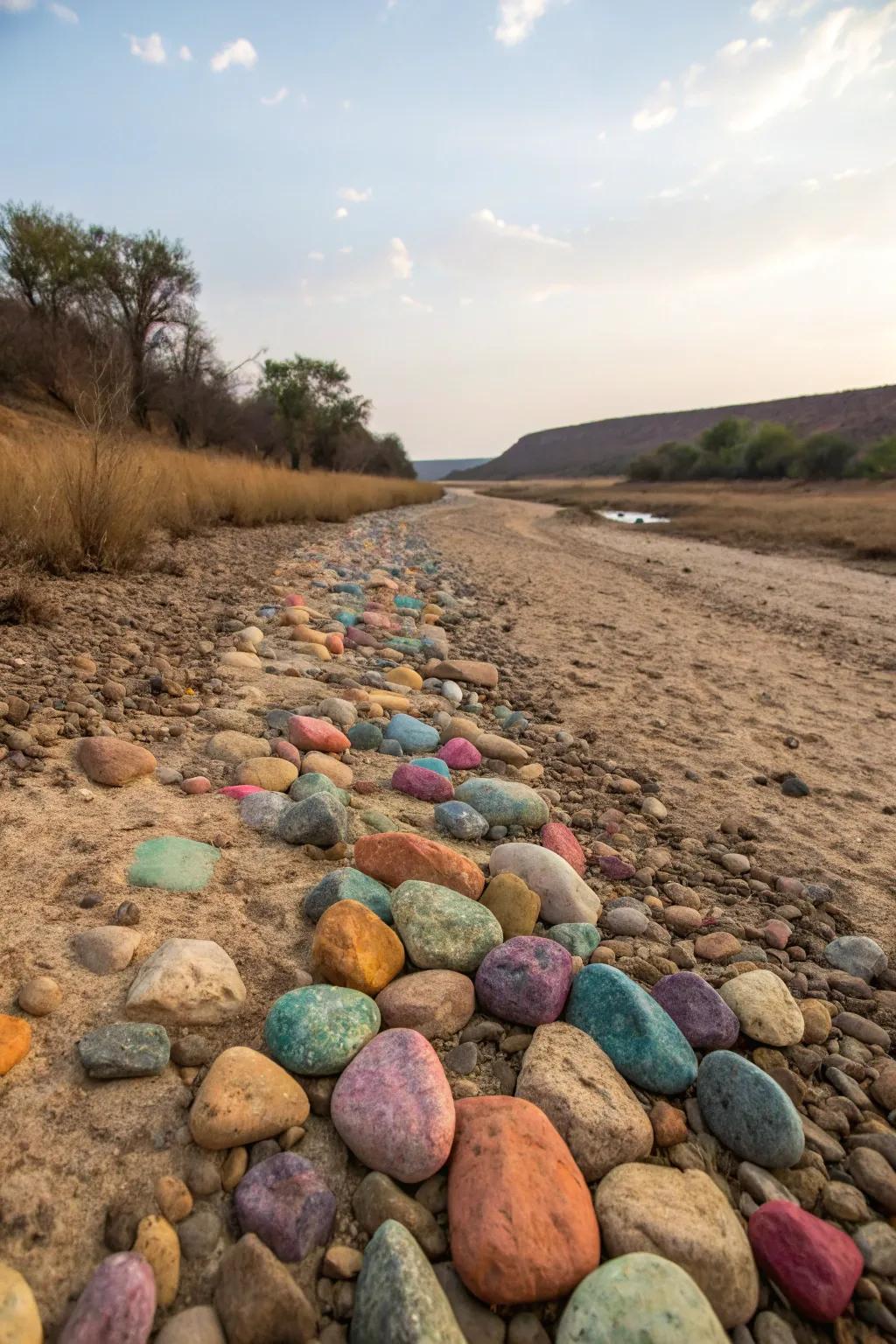 Colored stones introduce lively contrast to a dry river bed.