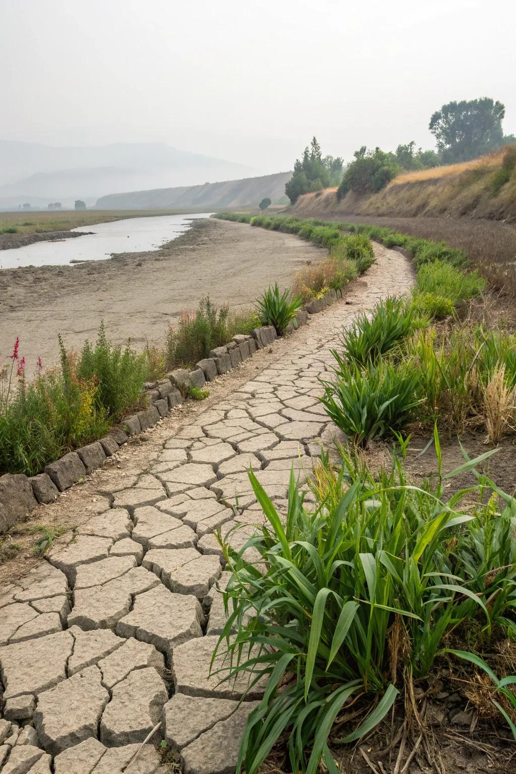 Stone edging provides a clean and defined boundary for a dry river bed.