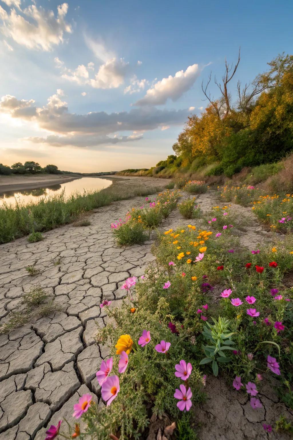 Seasonal flowers bring dynamic color changes to a dry river bed.