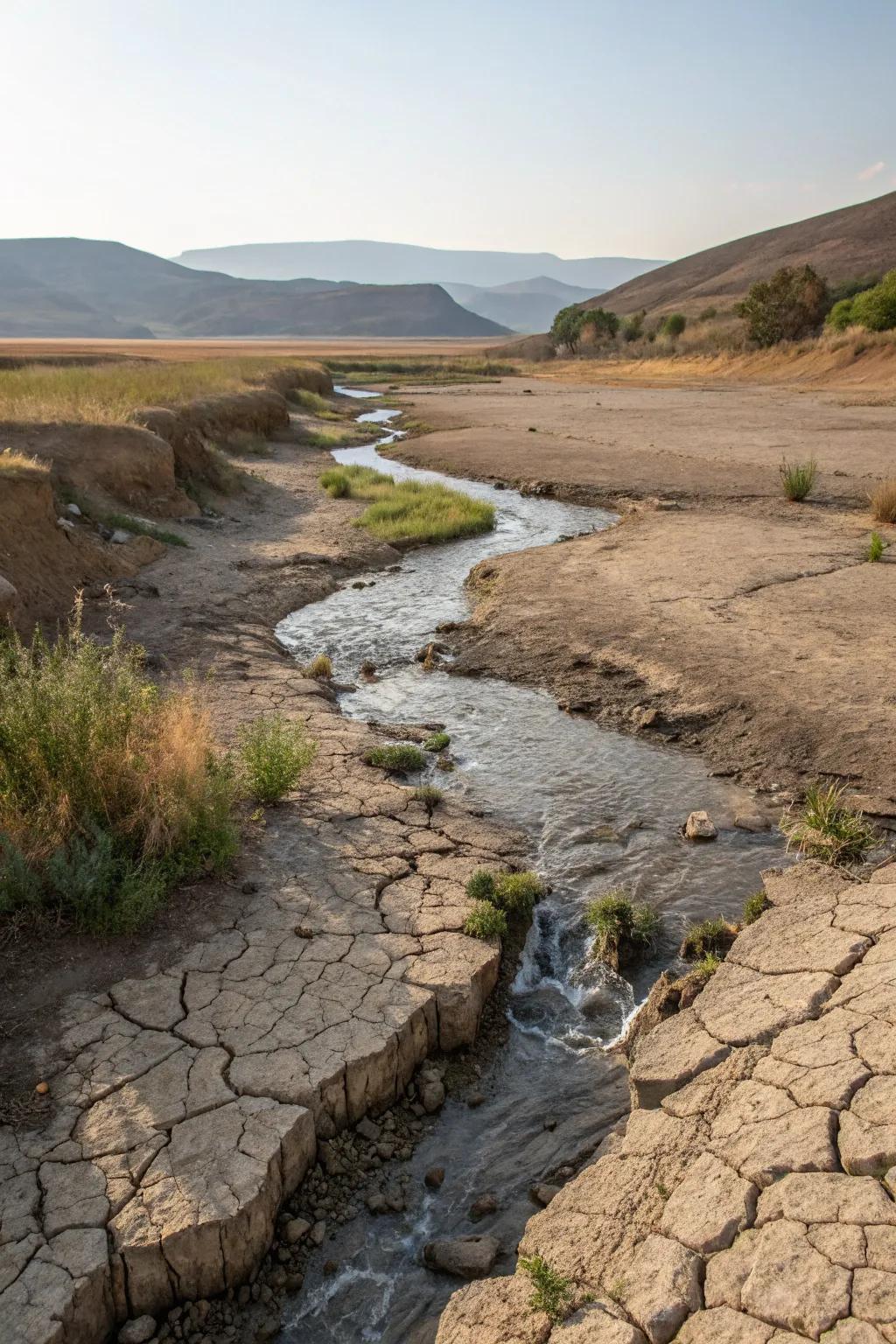A small water feature adds a soothing element to a dry river bed.