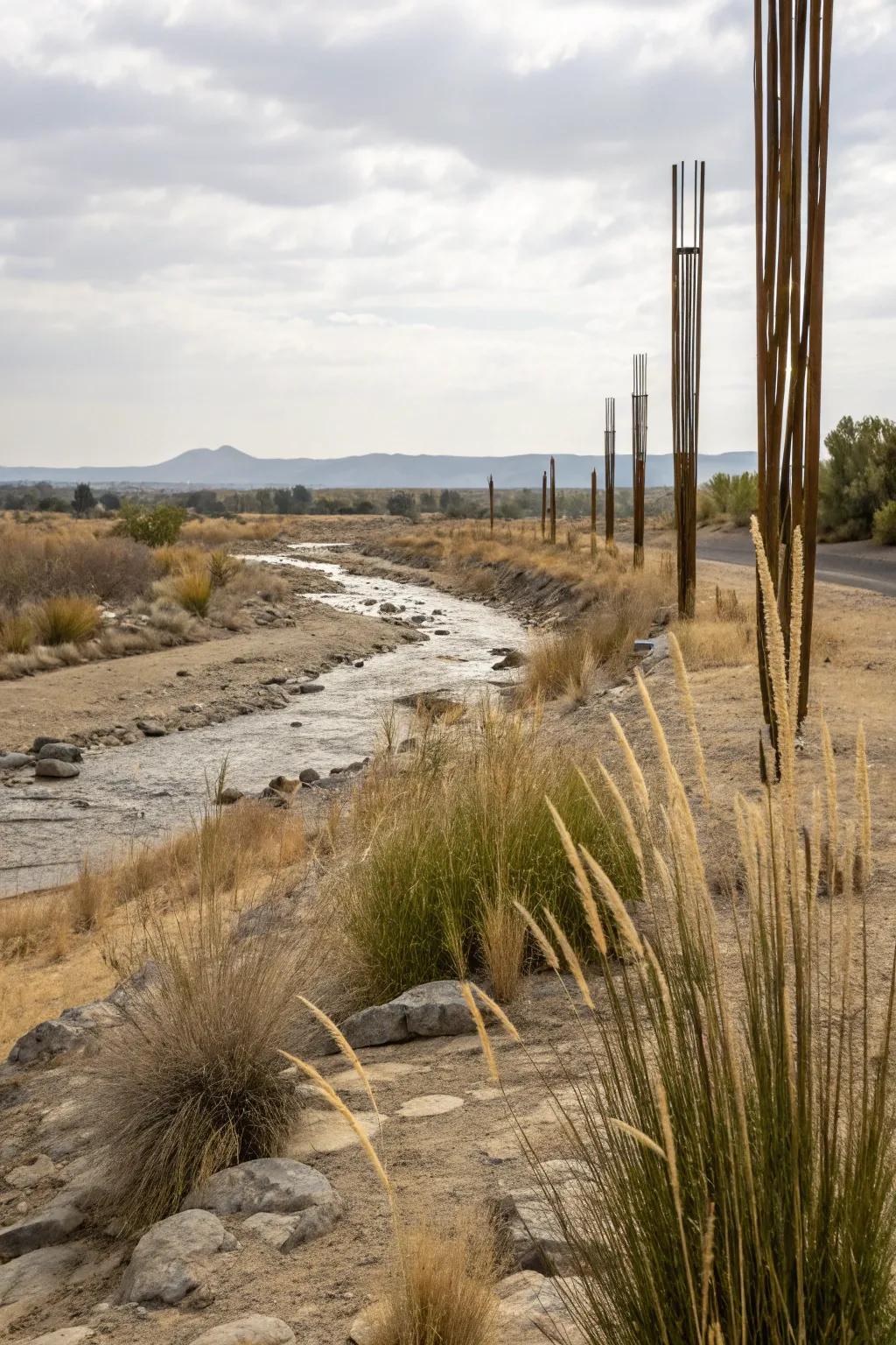 Vertical elements add height and interest to a dry river bed landscape.