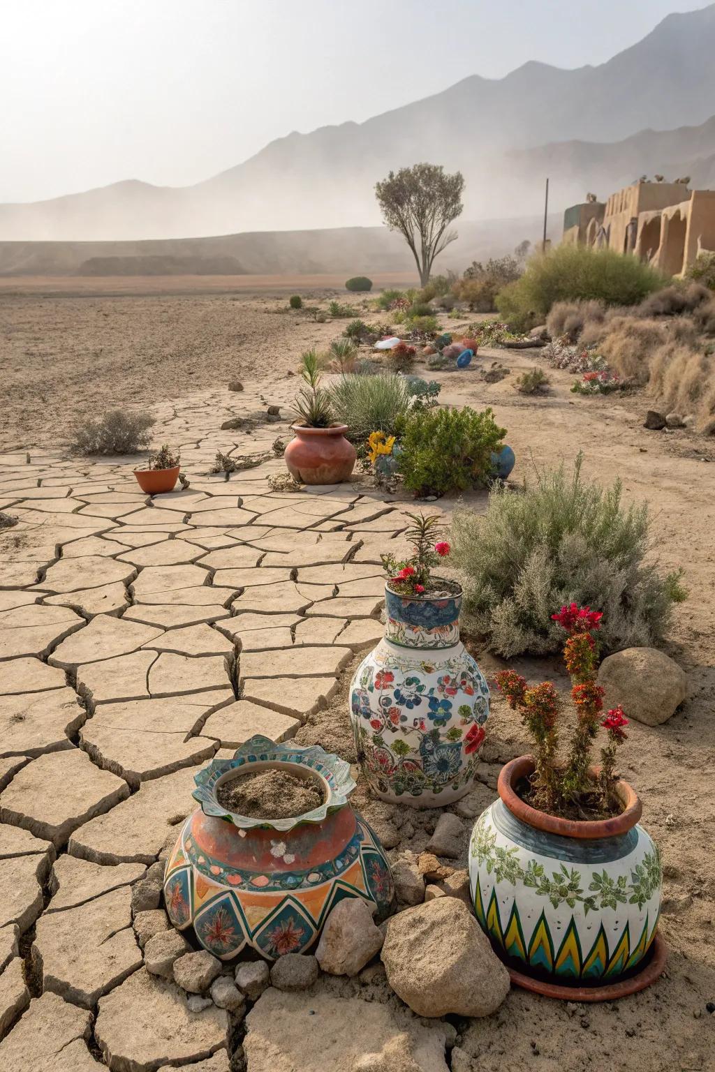 Decorative elements like pottery add character to a dry river bed.
