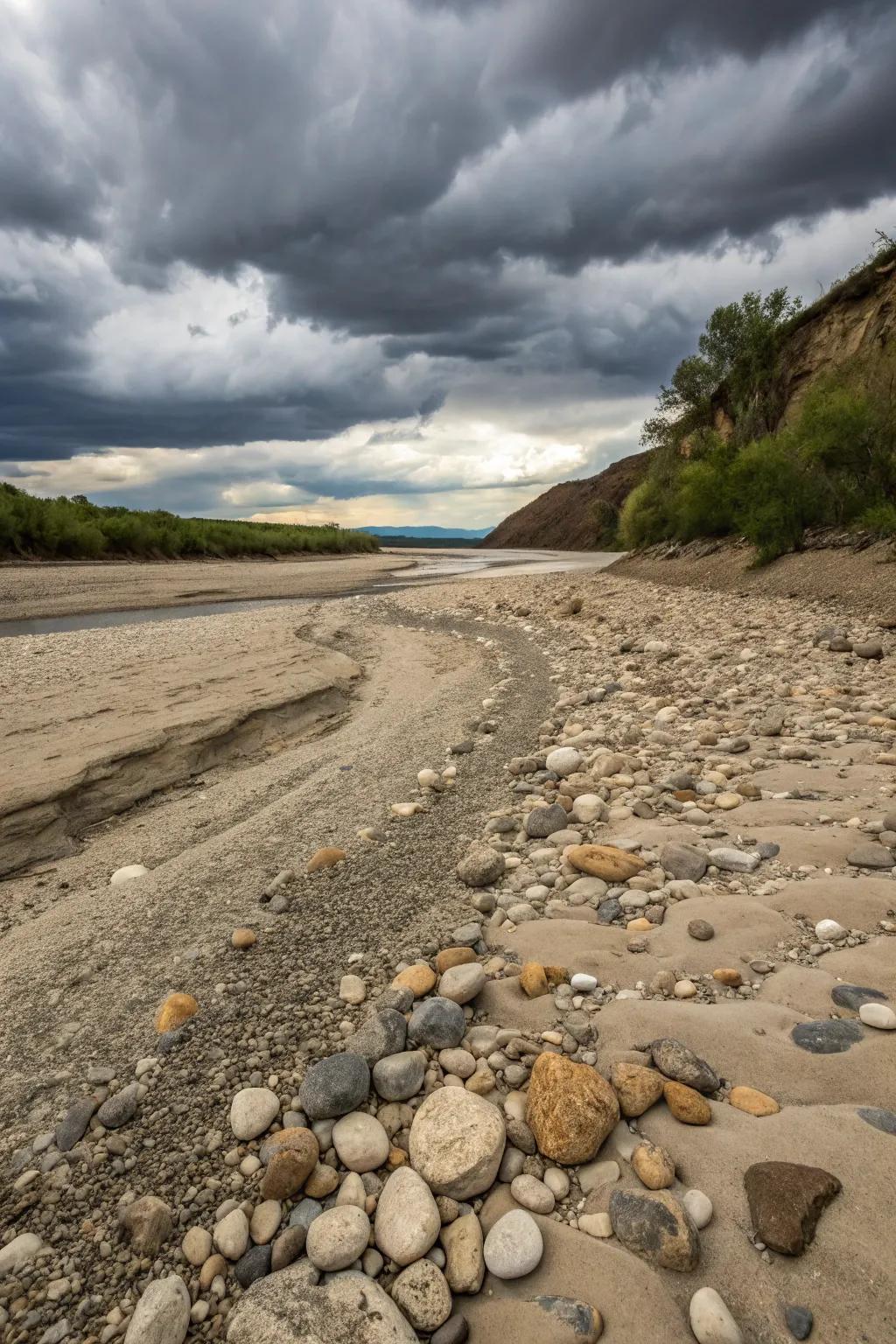 Layering different materials adds depth to the dry river bed.