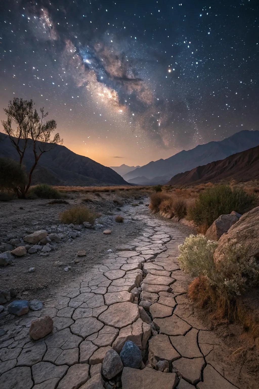 Soft lighting transforms a dry river bed into a nighttime wonder.