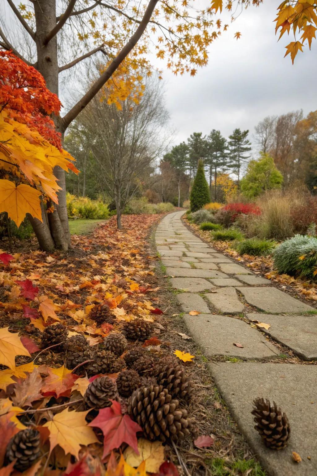 Pine cones add a rustic, forest feel to garden paths.