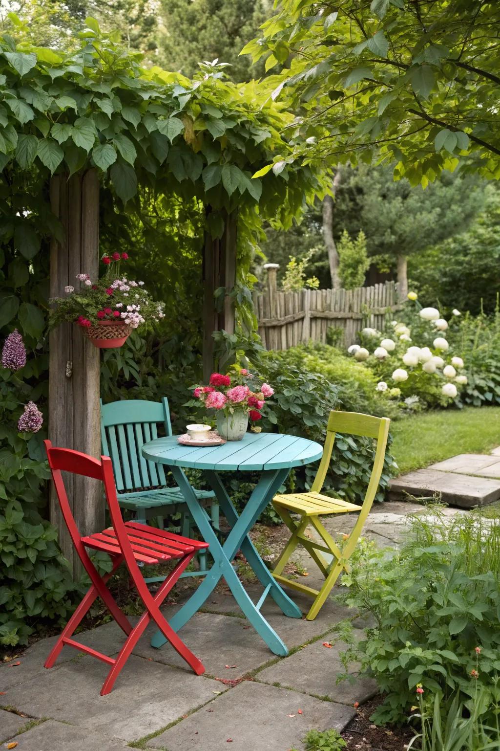 Repurposed furniture adds charm and character to the garden.