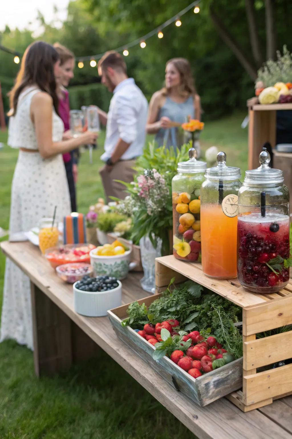 A DIY drink station offers guests the fun of mixing their own mocktails.