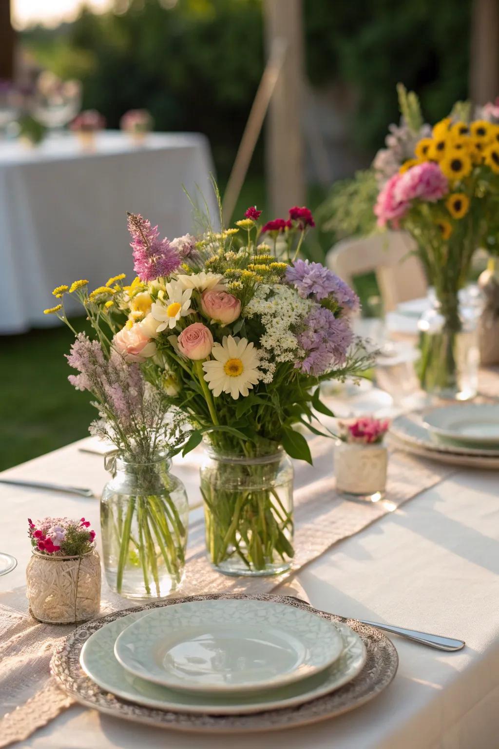 Fresh garden flowers bring elegance to the table setting.
