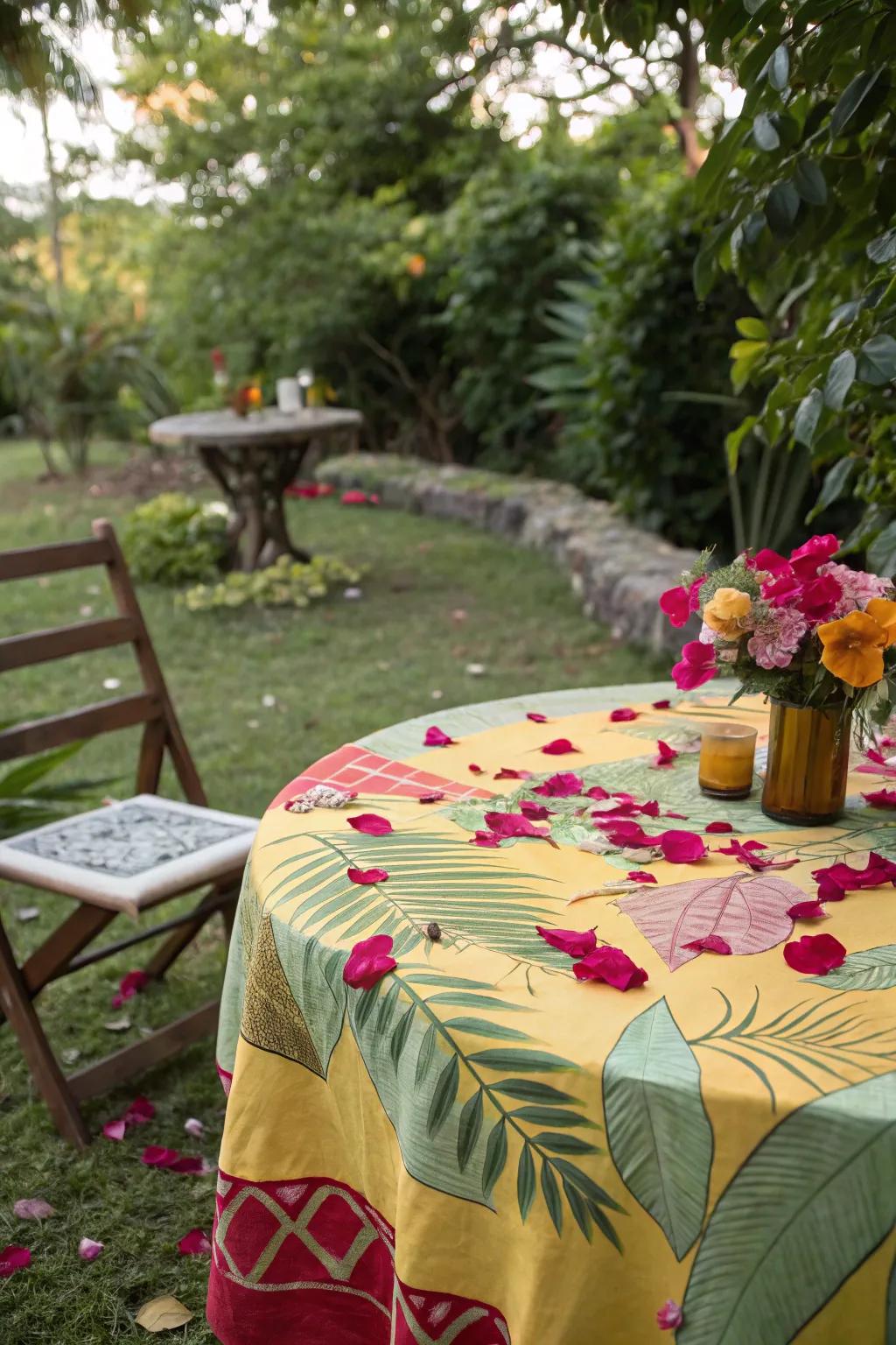 A vibrant tablecloth with natural elements creates a stunning tablescape.