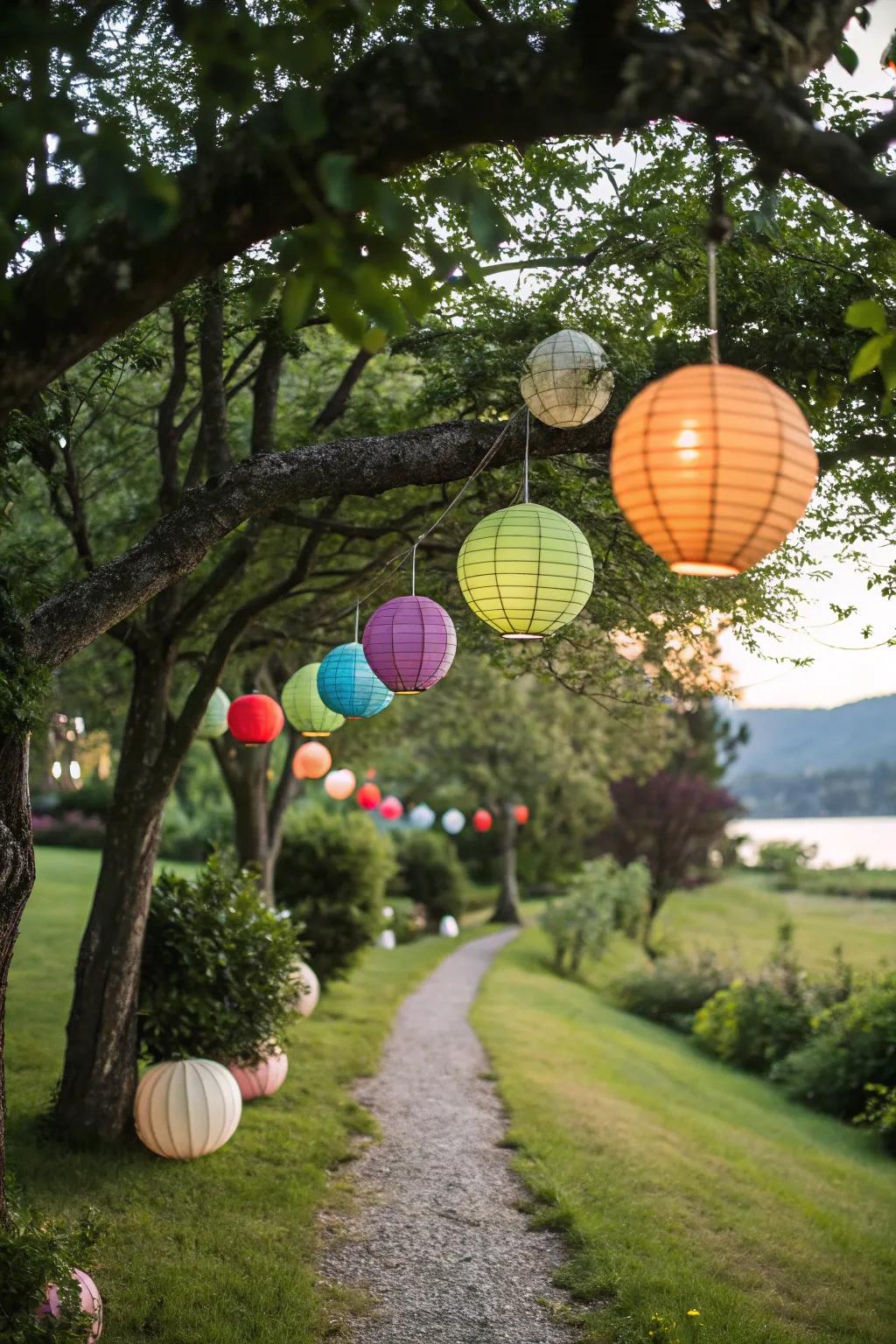 Colorful paper lanterns add a festive touch to the garden.