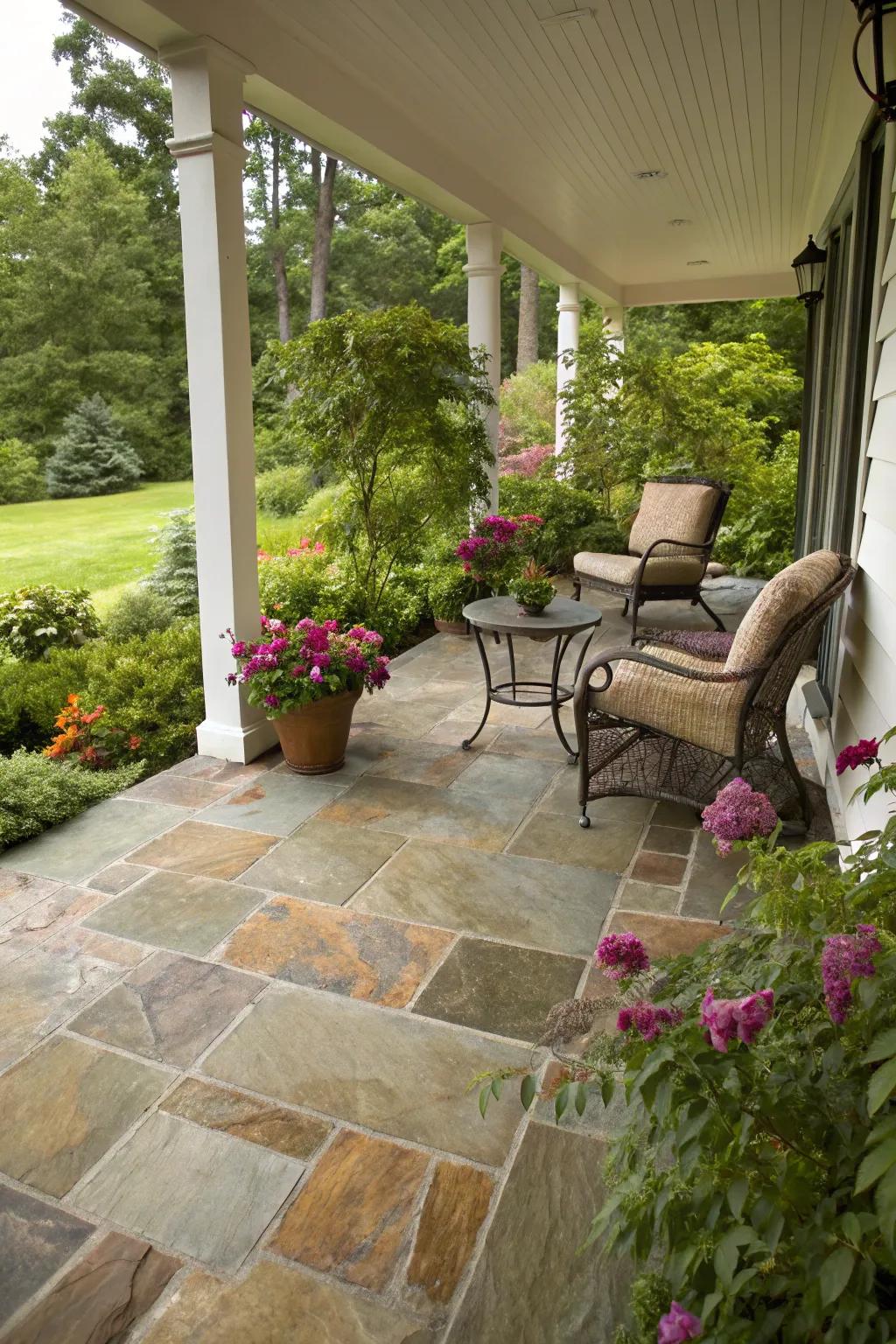 Natural stone tiles add rustic charm to any outdoor porch.
