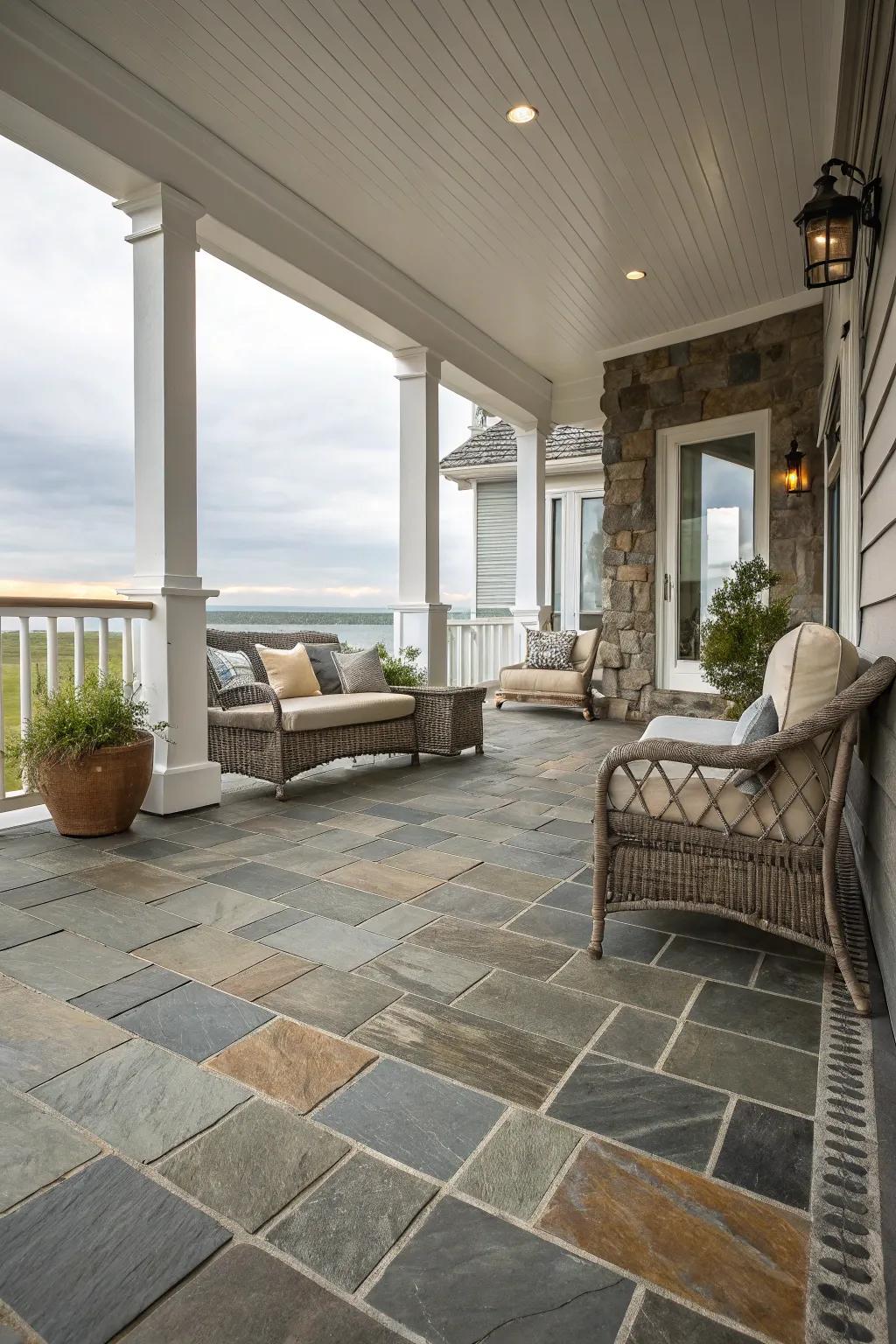 Slate tiles offer depth and sophistication to outdoor spaces.