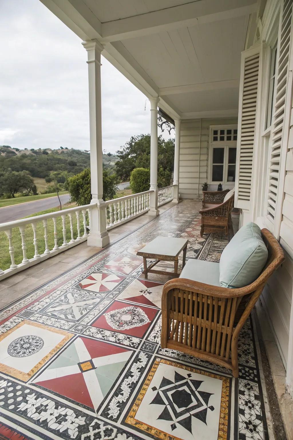 Patterned tiles can transform your porch into a work of art.