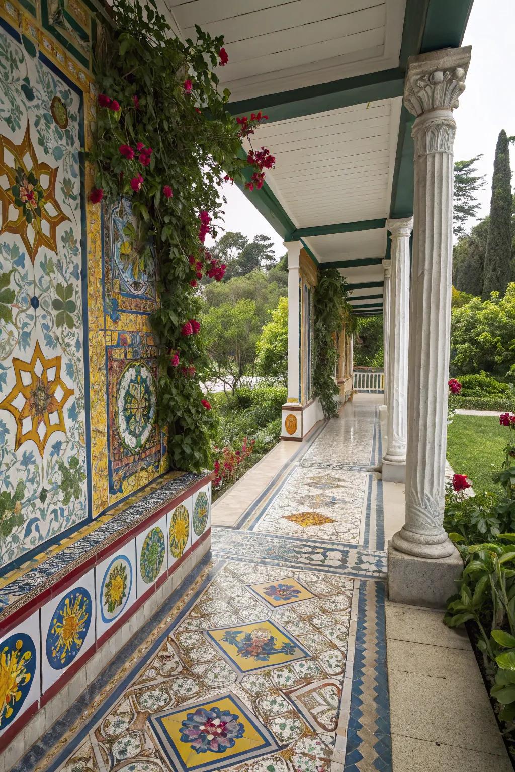 Mosaic tiles add an eclectic flair to any porch.
