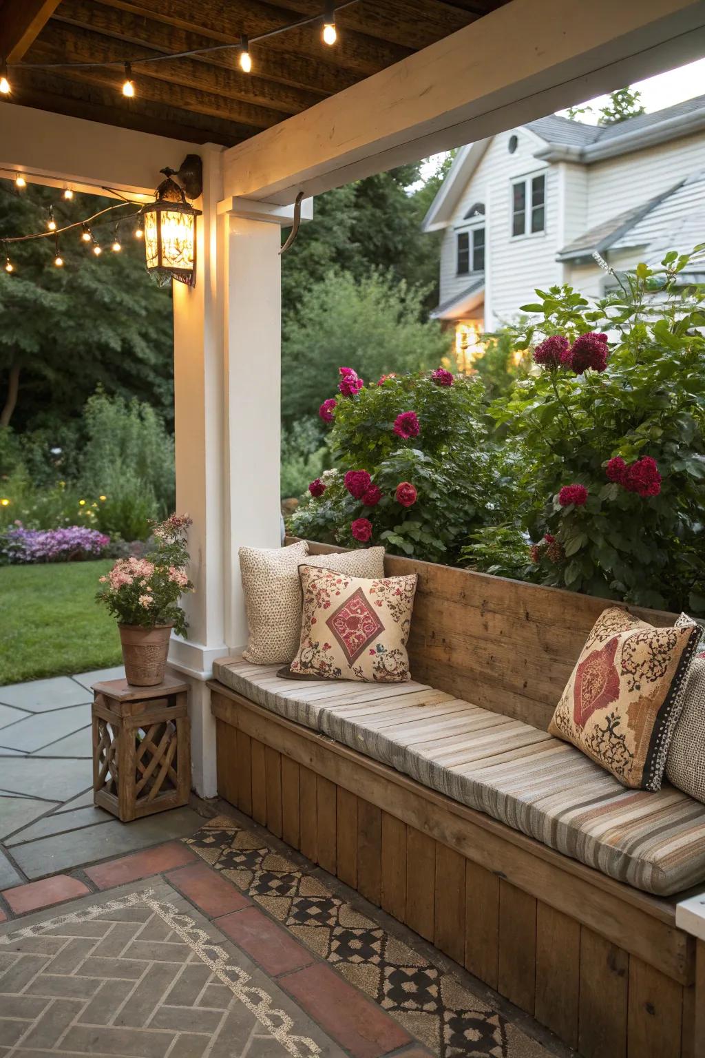 Create a cozy corner with an L-shaped rustic bench.