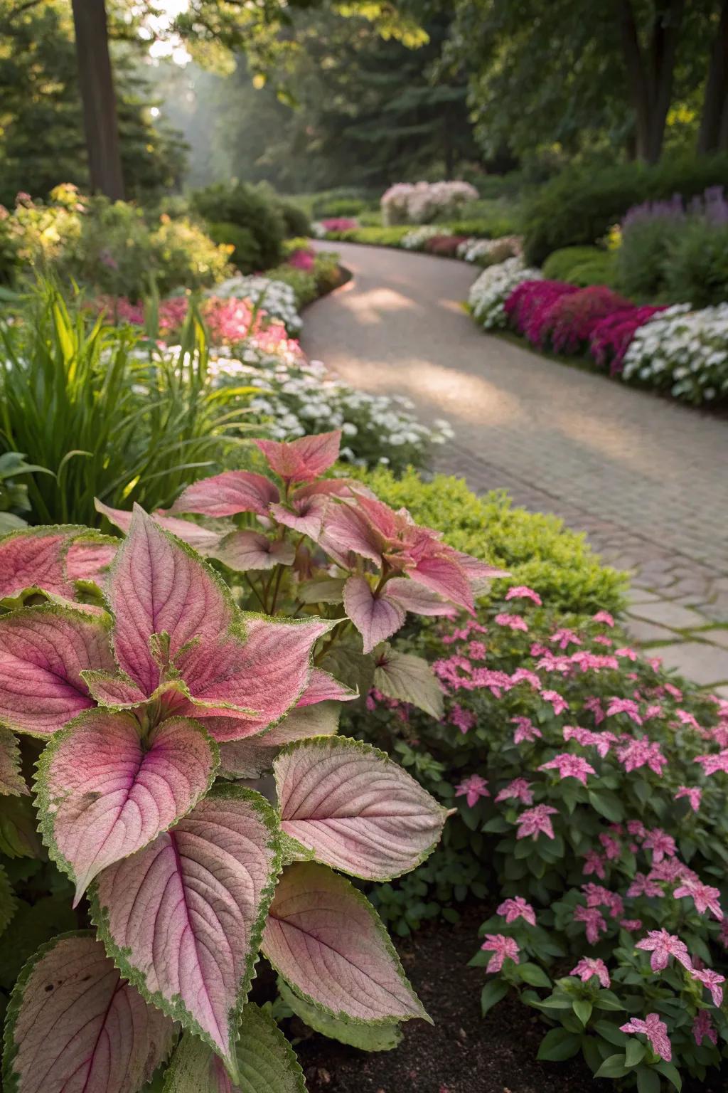Pink-tinged foliage adds contrast and depth to this garden.