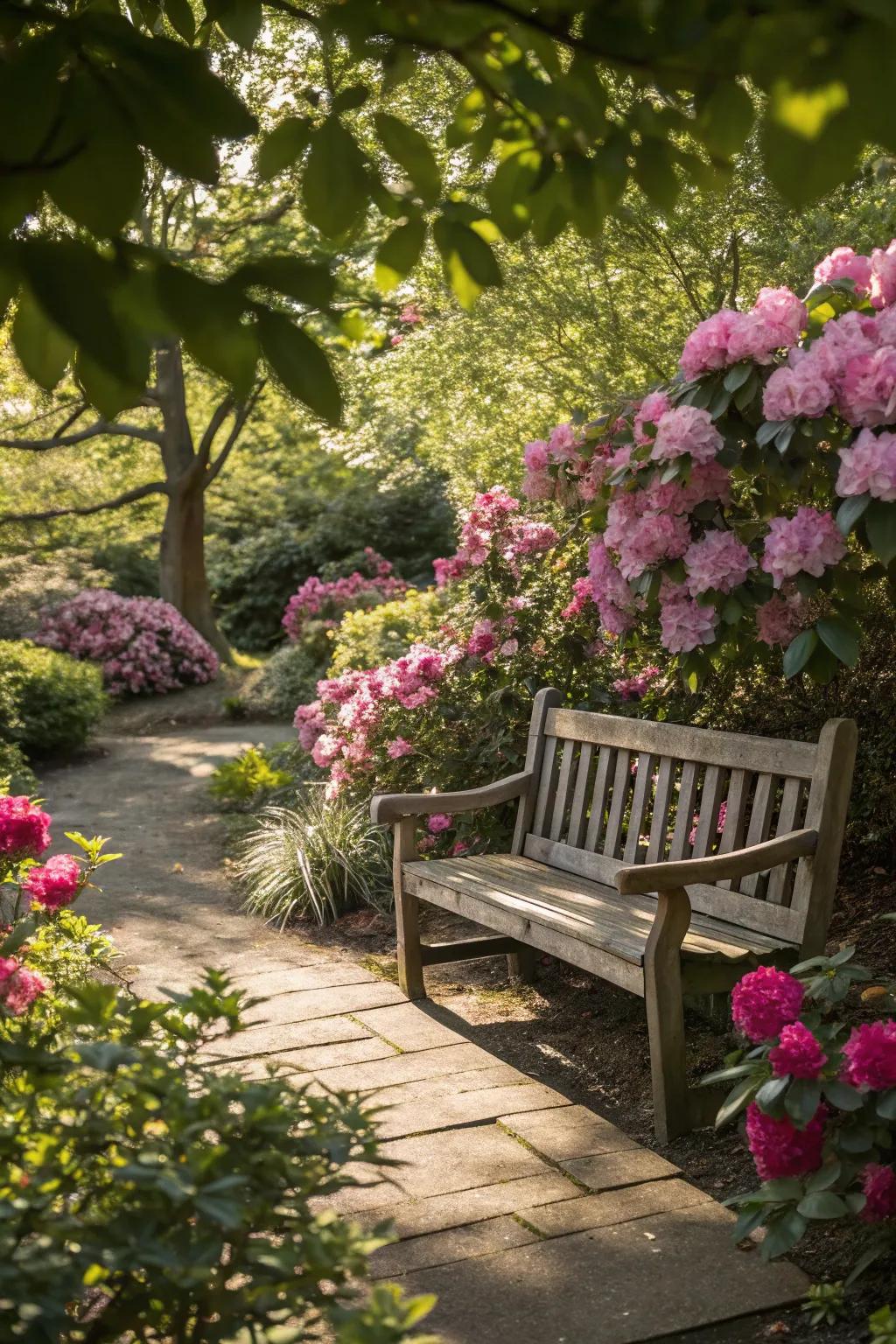 A serene bench area enveloped in pink blooms, perfect for relaxation.