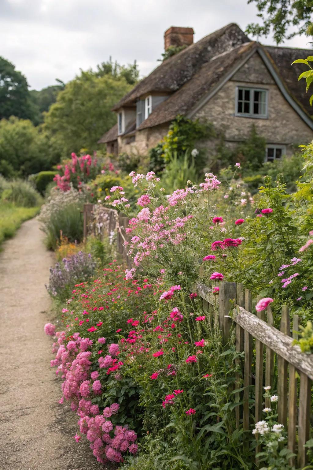 A quaint cottage garden with a delightful mix of pink blooms.