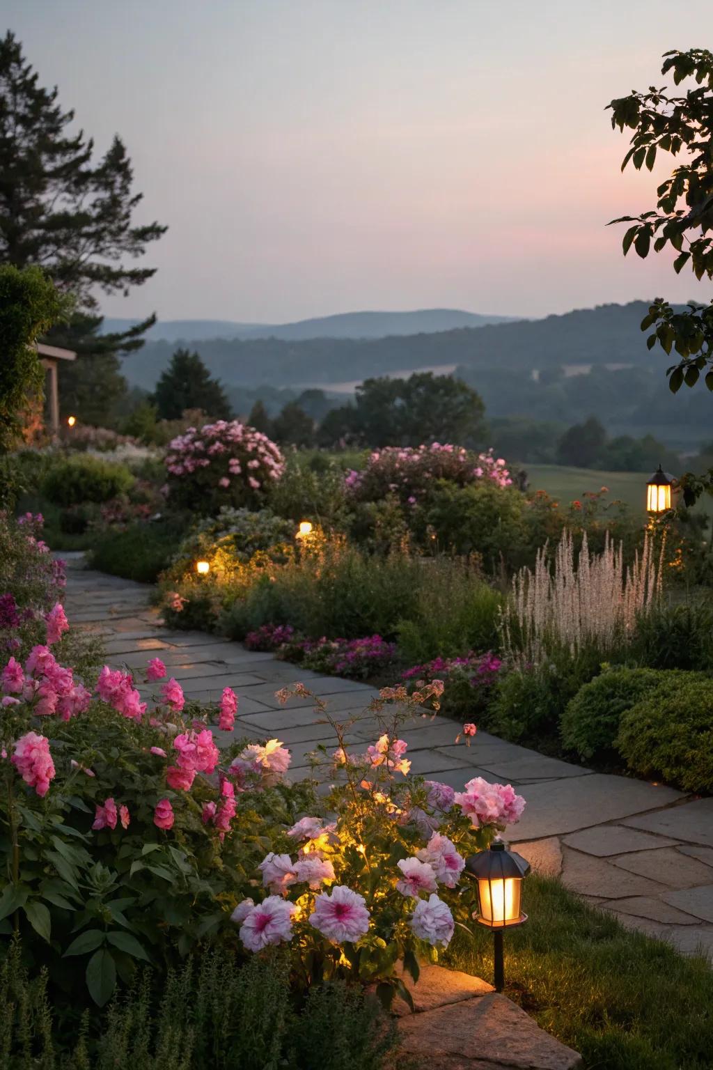 Pink lighting adds a magical glow to this garden at dusk.
