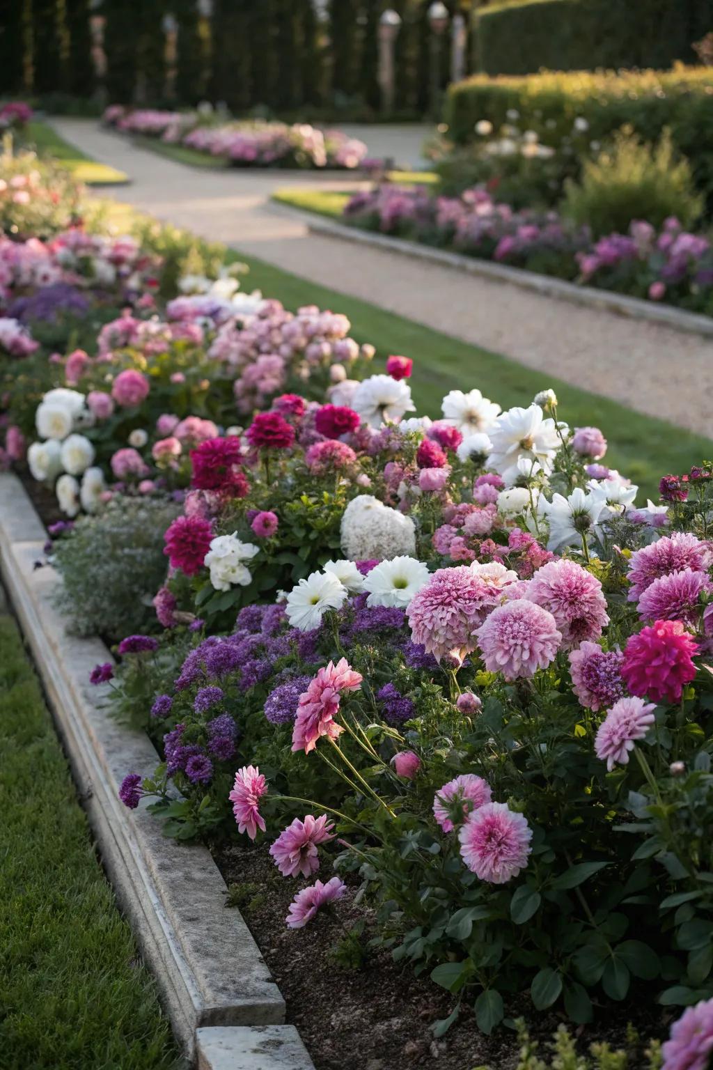 A colorful mix of pink, purple, and white flowers creating a stunning contrast.