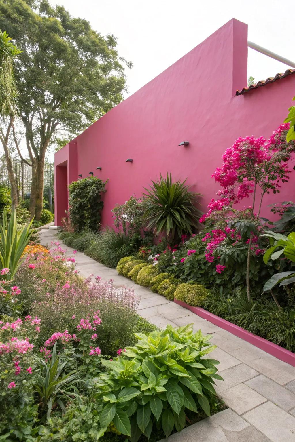 A striking pink wall adds a modern edge to this garden space.