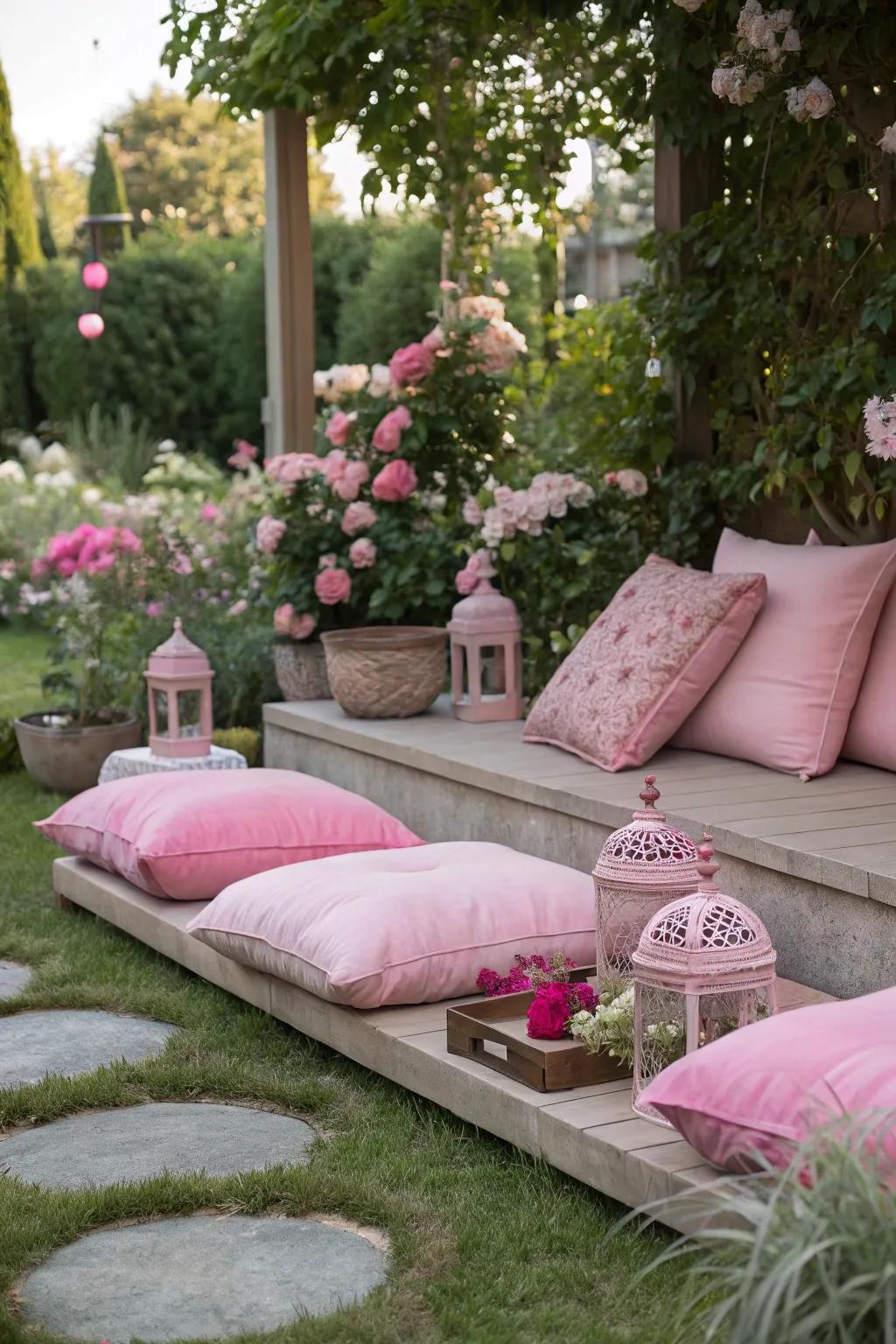 Pink accents bring a cohesive look to this garden seating area.