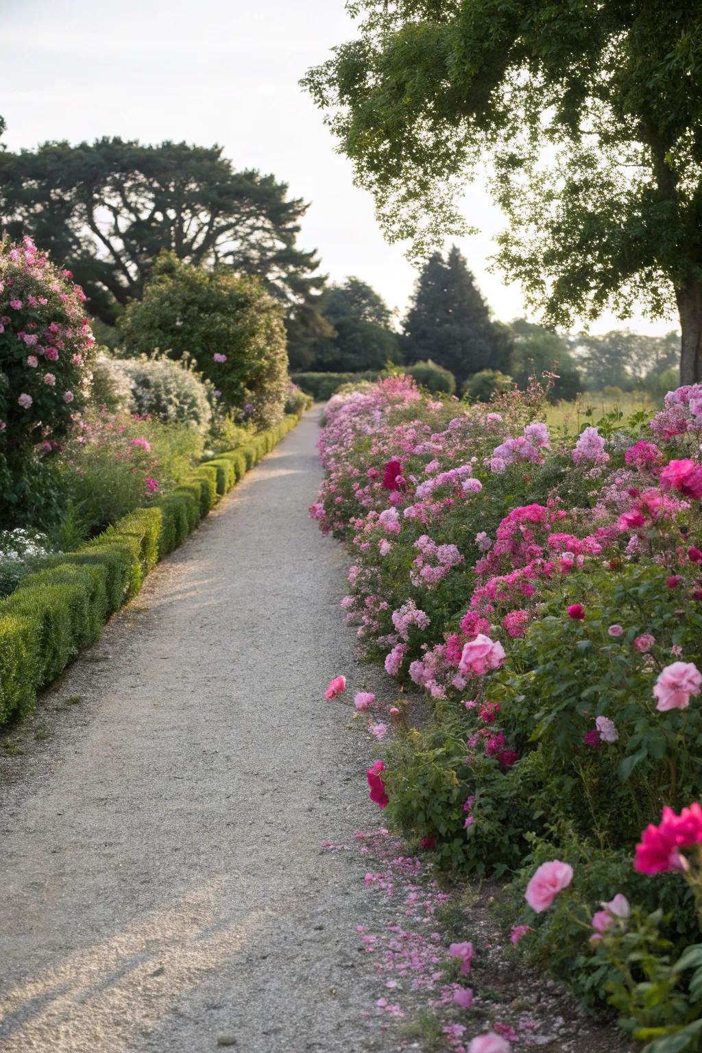 A charming pathway lined with vibrant pink blooms.