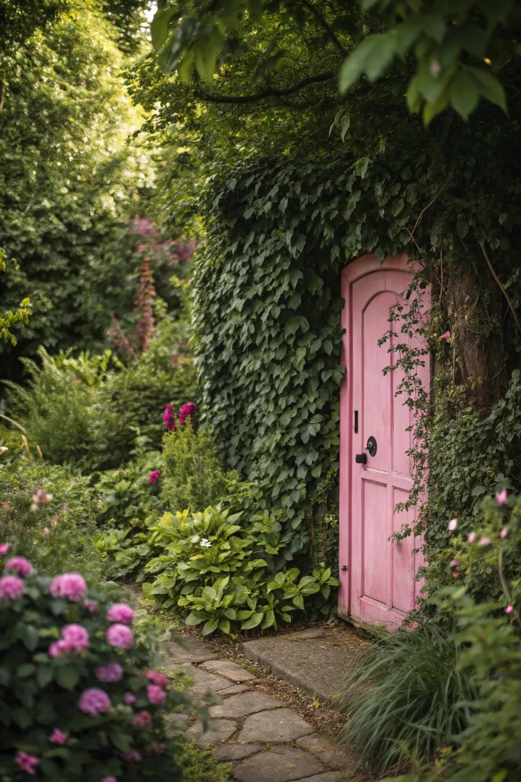 A secret pink door in the garden, hinting at hidden wonders beyond.