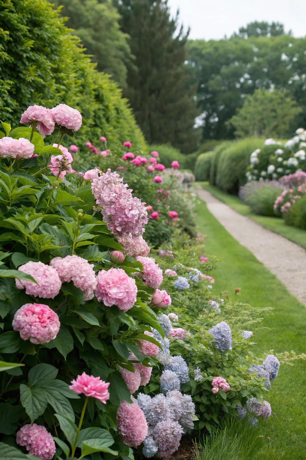A perennial border featuring peonies and hydrangeas in full bloom.