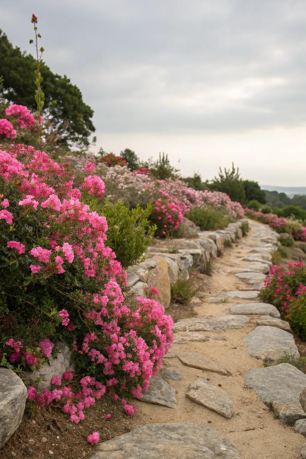 The contrast of pink blooms and stone elements adds natural beauty.
