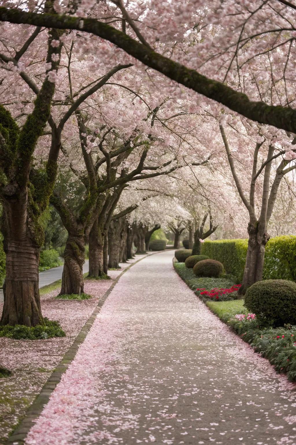A picturesque pathway under the soft pink blossoms of cherry trees.