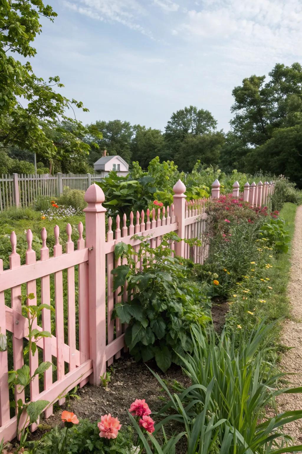 A blush pink fence serves as a whimsical backdrop for this garden.