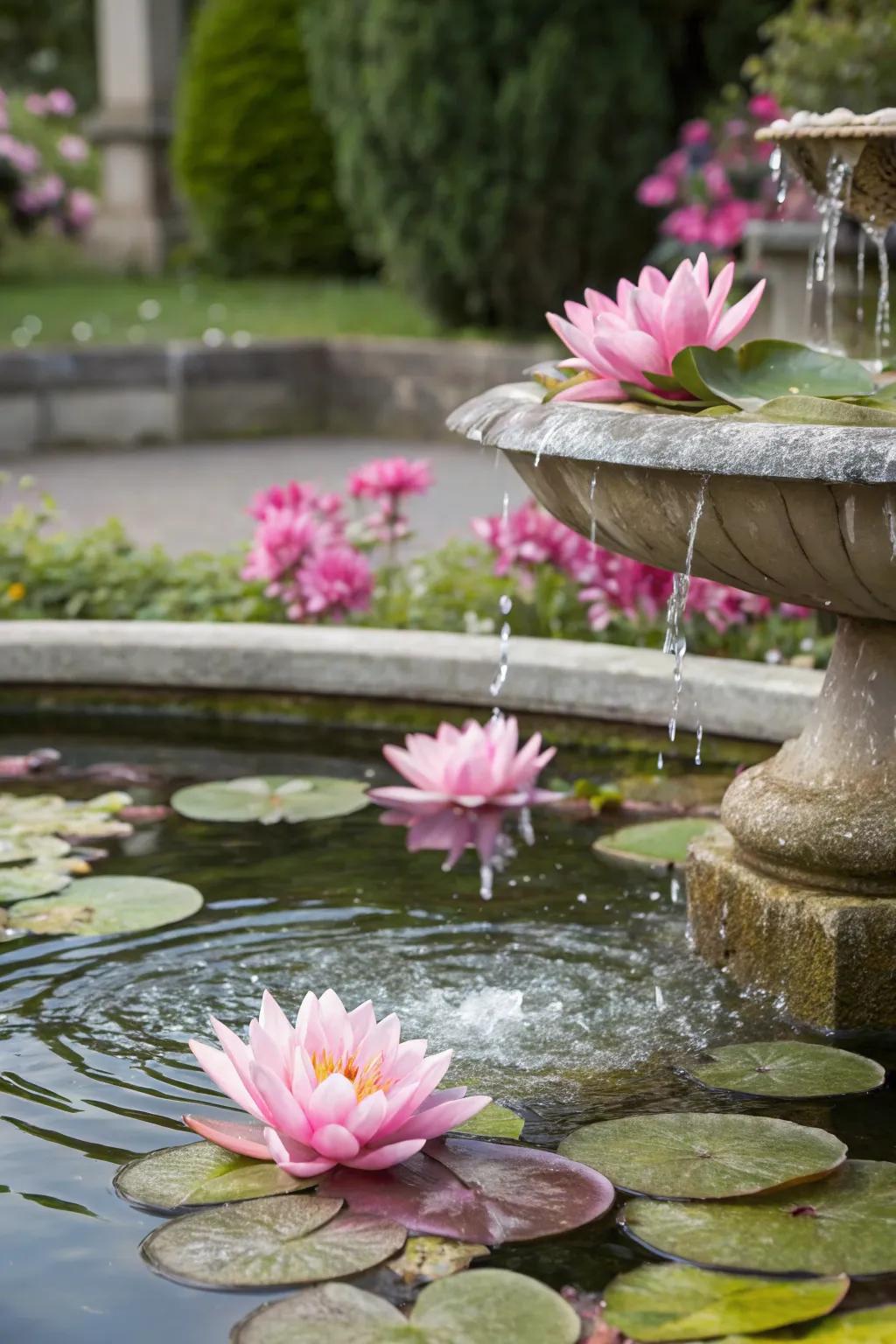 A serene pond with pink water lilies and stylish accents.