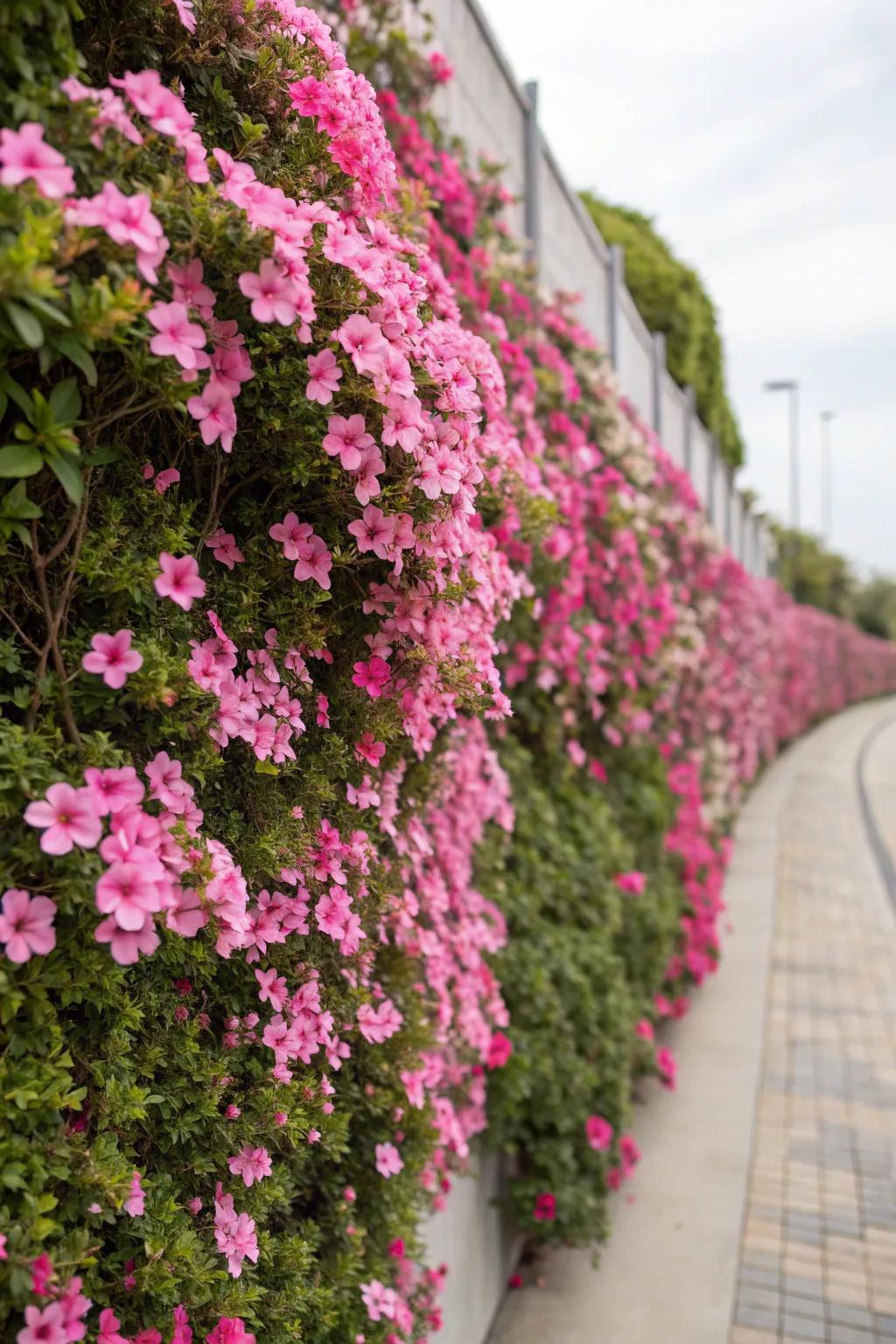A vertical garden turns a plain wall into a lush pink display.