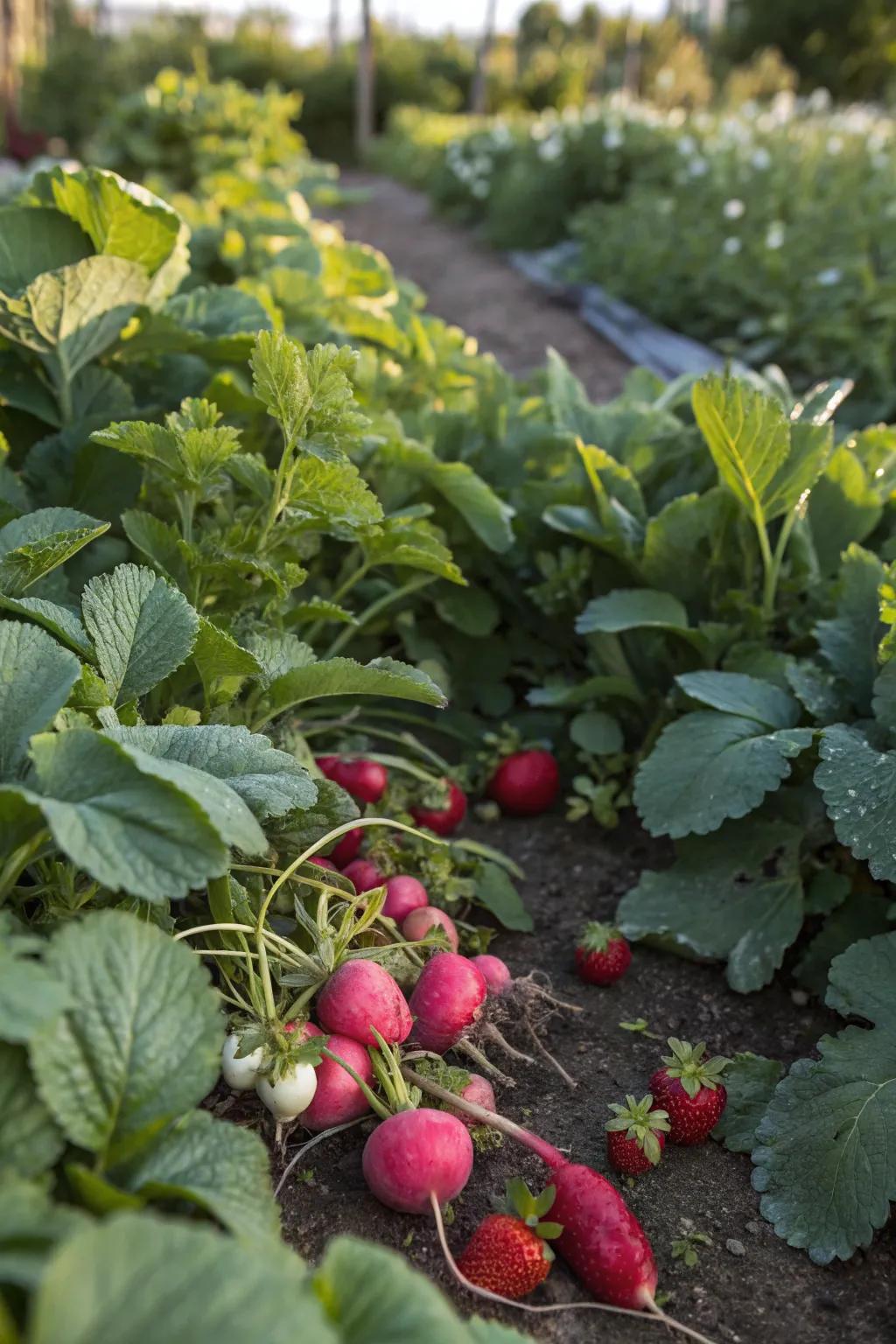 Pink edibles like radishes and strawberries bring color and taste.