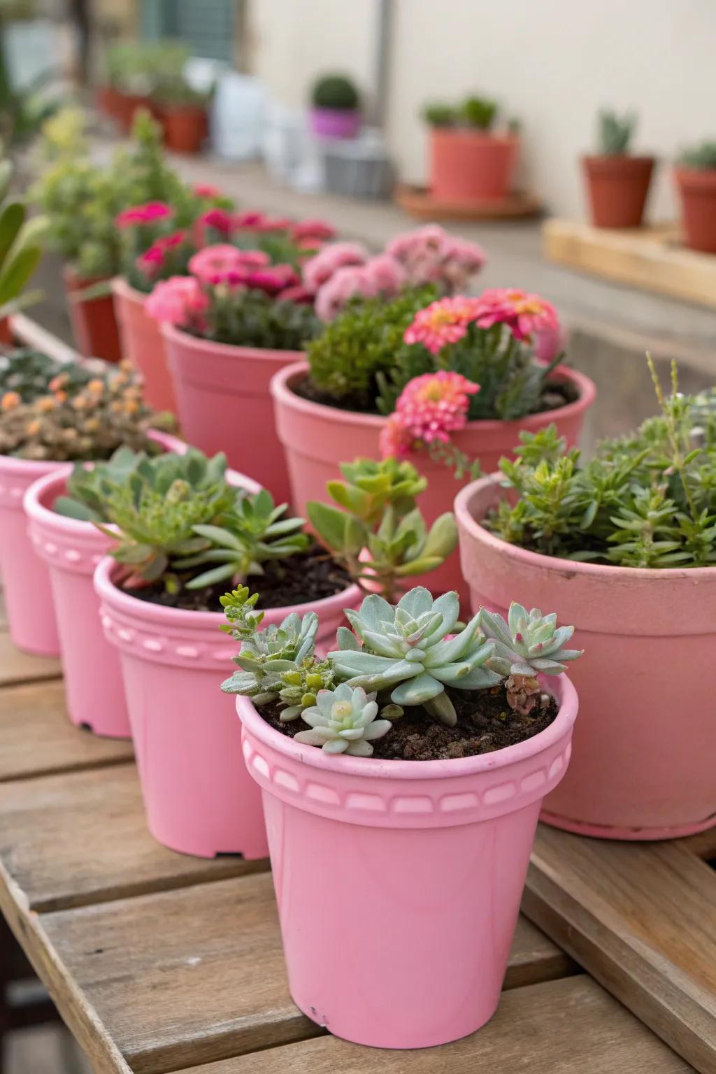 Pink containers add a playful and colorful element to the garden.