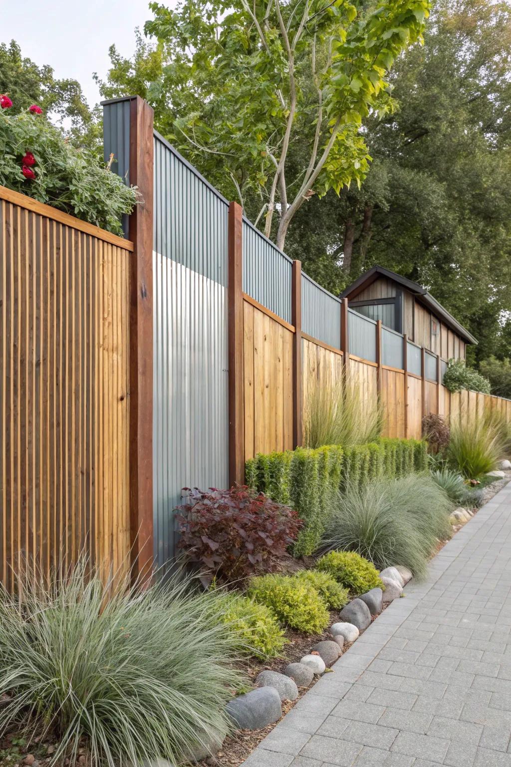 Add dimension by varying the heights of metal and wood fence sections.