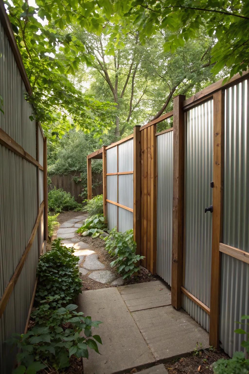 Achieve privacy and style with tall corrugated metal and wood fences.